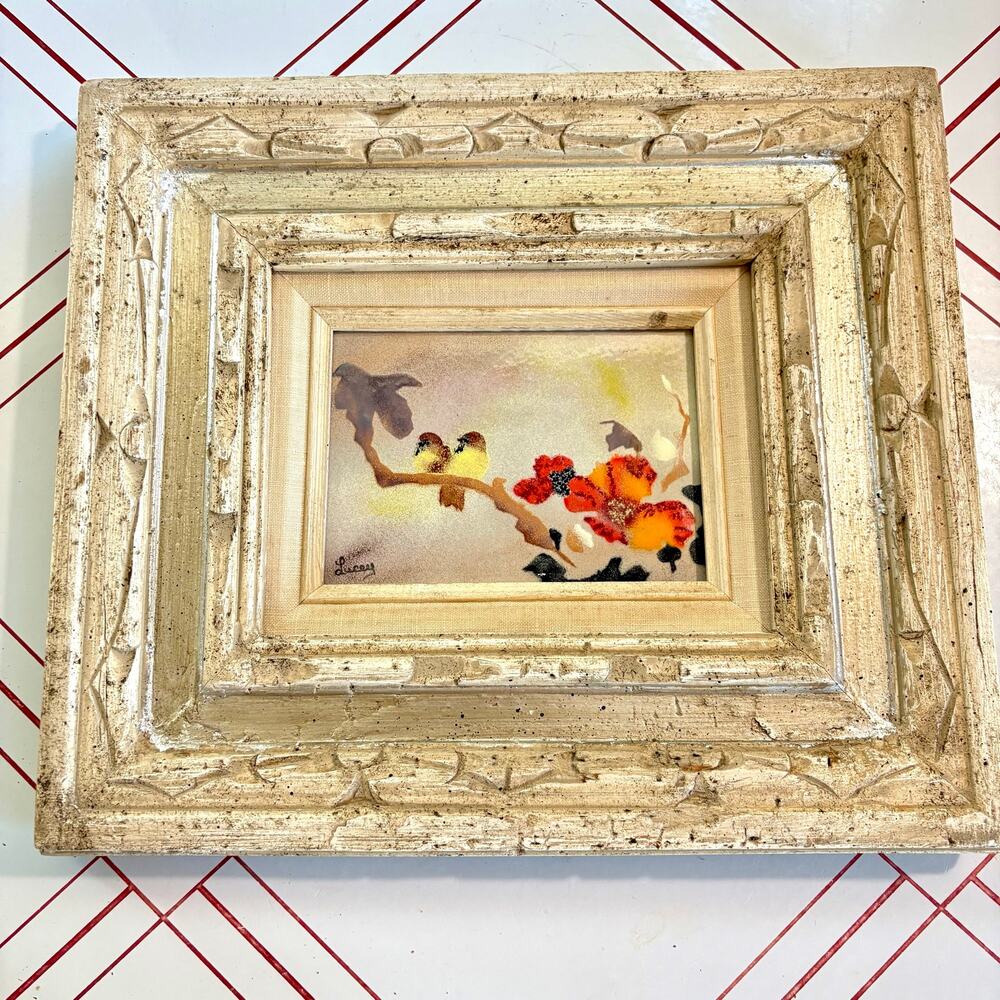 Vintage Jean Lucey Enamel on Copper Bird Art Carved Wood Frame